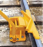 4014-03 Derails - Hinged 
DR-2 Two Way Derail
FOR FREIGHT CARS & ROAD-RAIL VEHICLES.
Blue derail sign and holder are included with the derail. Six screw spikes are provided for proper anchoring to ties. Height of derail above rail: 3"
Weight 165lbs